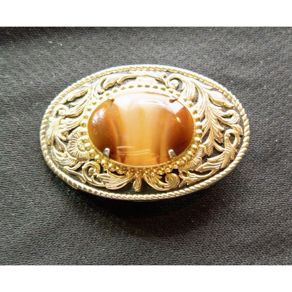 The Unbranded Brand Accessories - Vtg‎ Western Gold Toned Belt Buckle Polished Agate Rodeo Southwestern Country